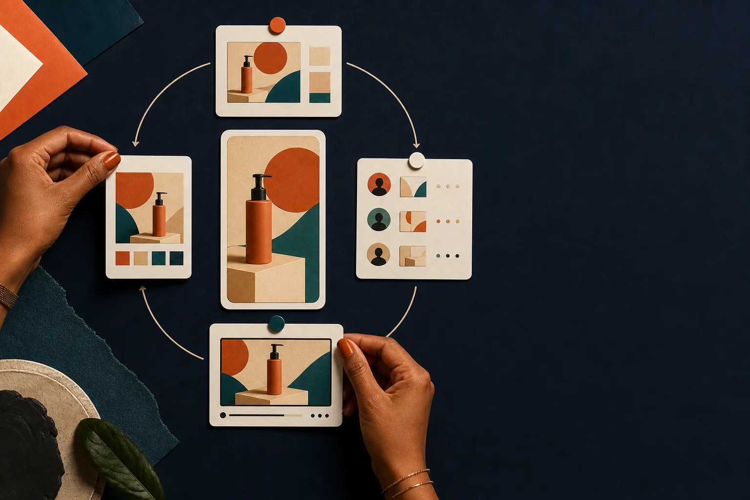 Ciclo visual que conecta referência, adaptação, equipe e campanha publicada.