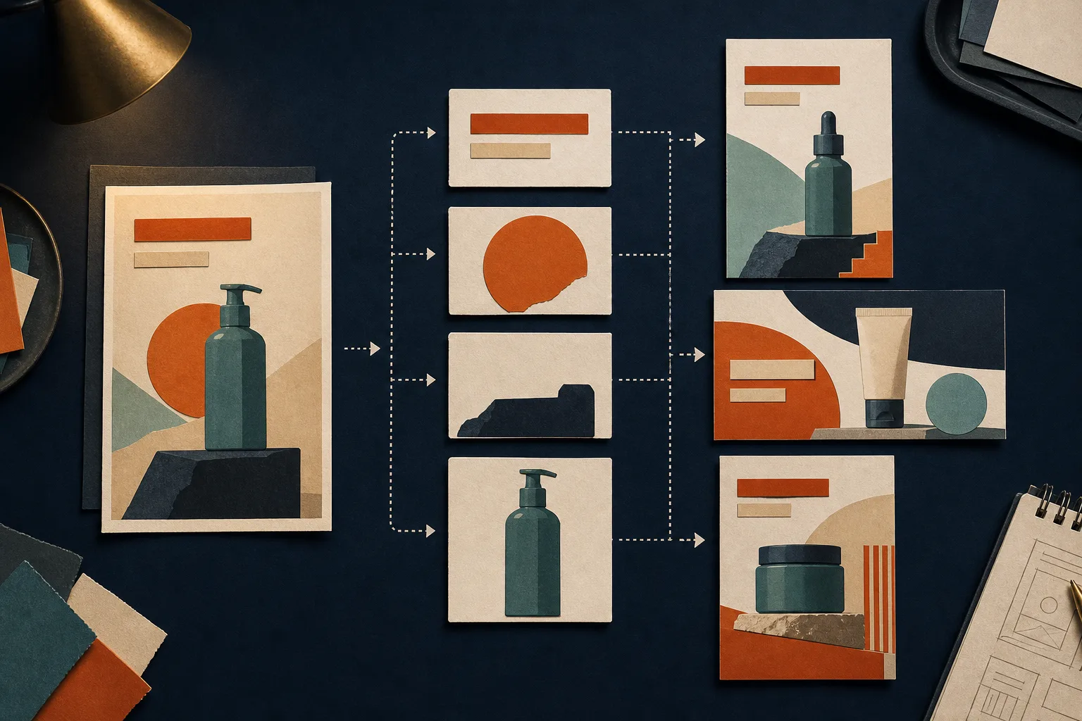 Fluxo visual no qual uma referência é decomposta em mecanismos e reconstruída em criativos originais.